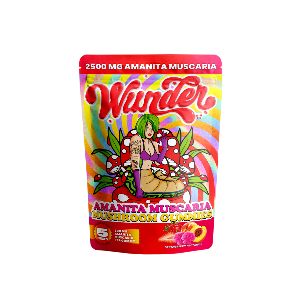 Wunder’s 2500mg Amanita Muscaria Mushroom Gummies in Strawberry Nectarine flavor—500mg per gummy