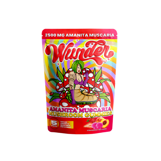 Wunder’s 2500mg Amanita Muscaria Mushroom Gummies in Strawberry Nectarine flavor—500mg per gummy