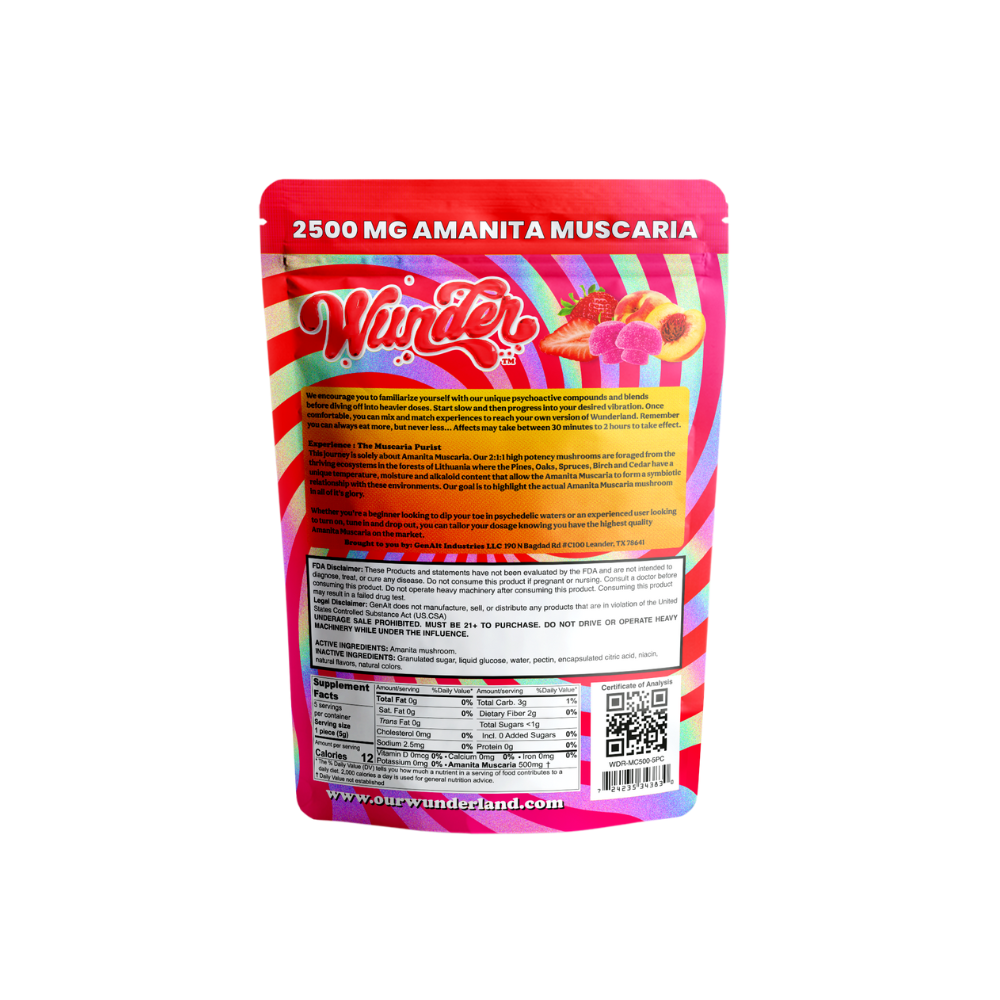 Wunder’s 2500mg Amanita Muscaria Mushroom Gummies in Strawberry Nectarine flavor—500mg per gummy