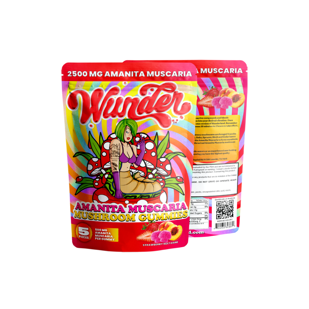 Wunder’s 2500mg Amanita Muscaria Mushroom Gummies in Strawberry Nectarine flavor—500mg per gummy