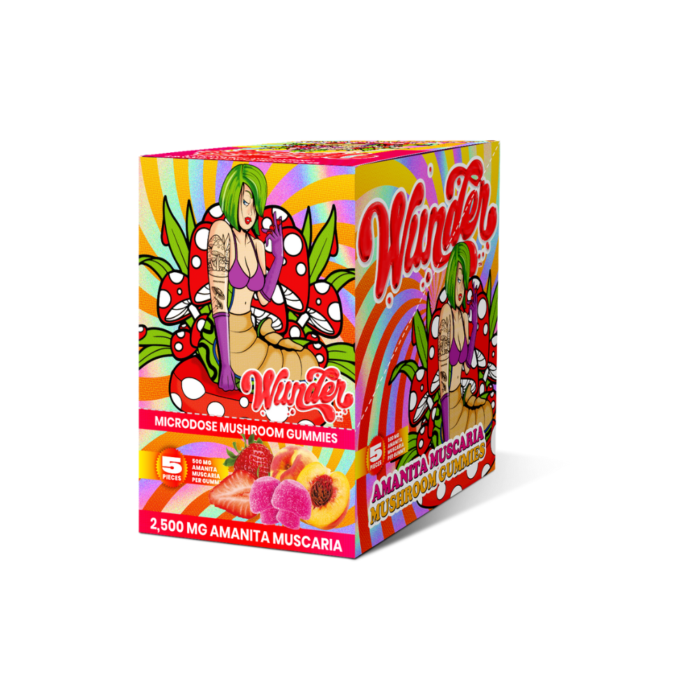 Psychedelic-themed bag of “Wunder” Amanita Muscaria gummies with cartoon artwork of a woman on mushrooms and a 2500 mg dosage label. The flavor is strawberry nectarine