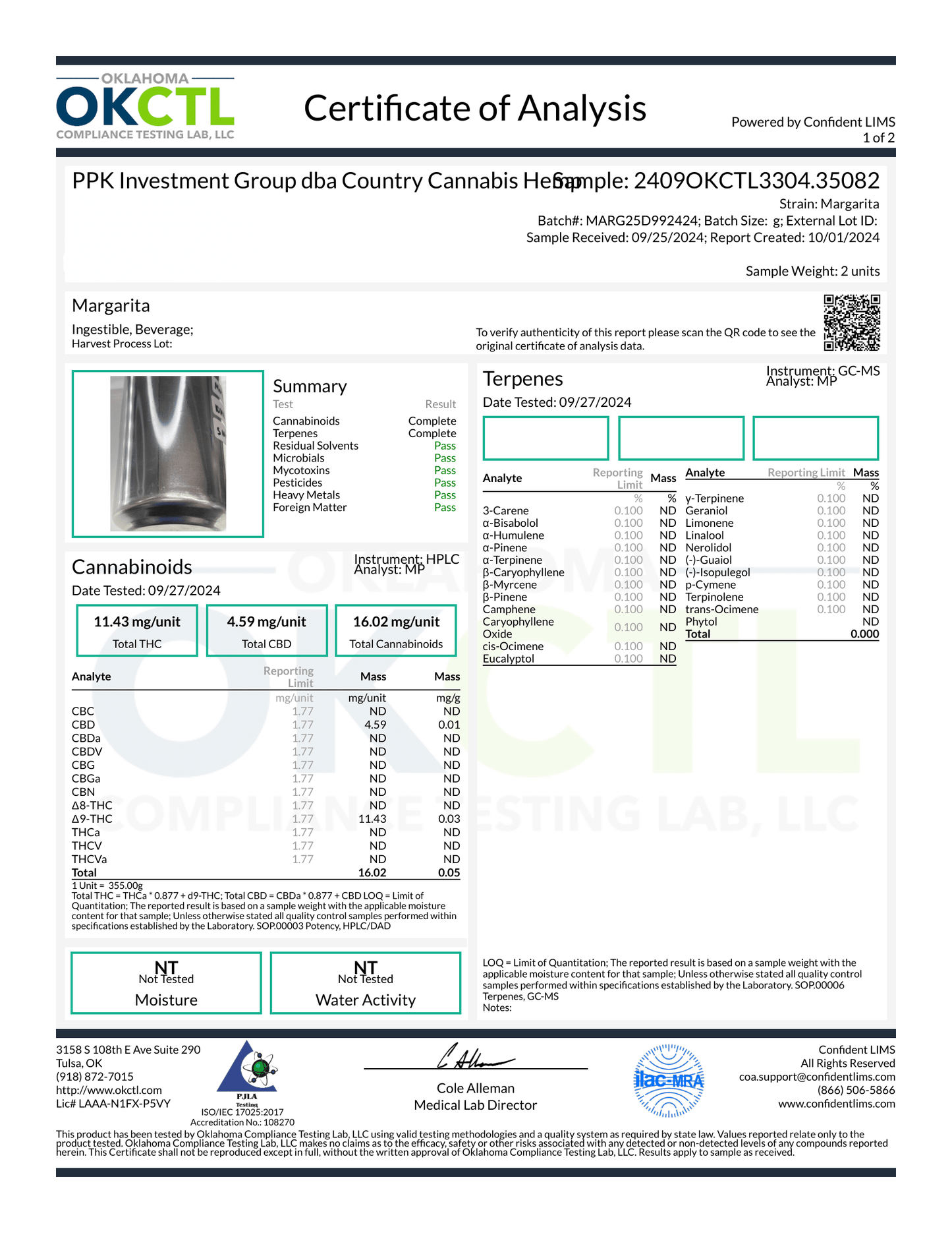 D9 Margarita OKCTL Certificate of Analysis