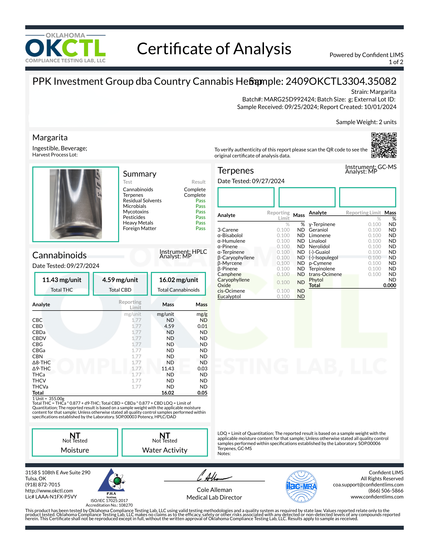 D9 Margarita OKCTL Certificate of Analysis