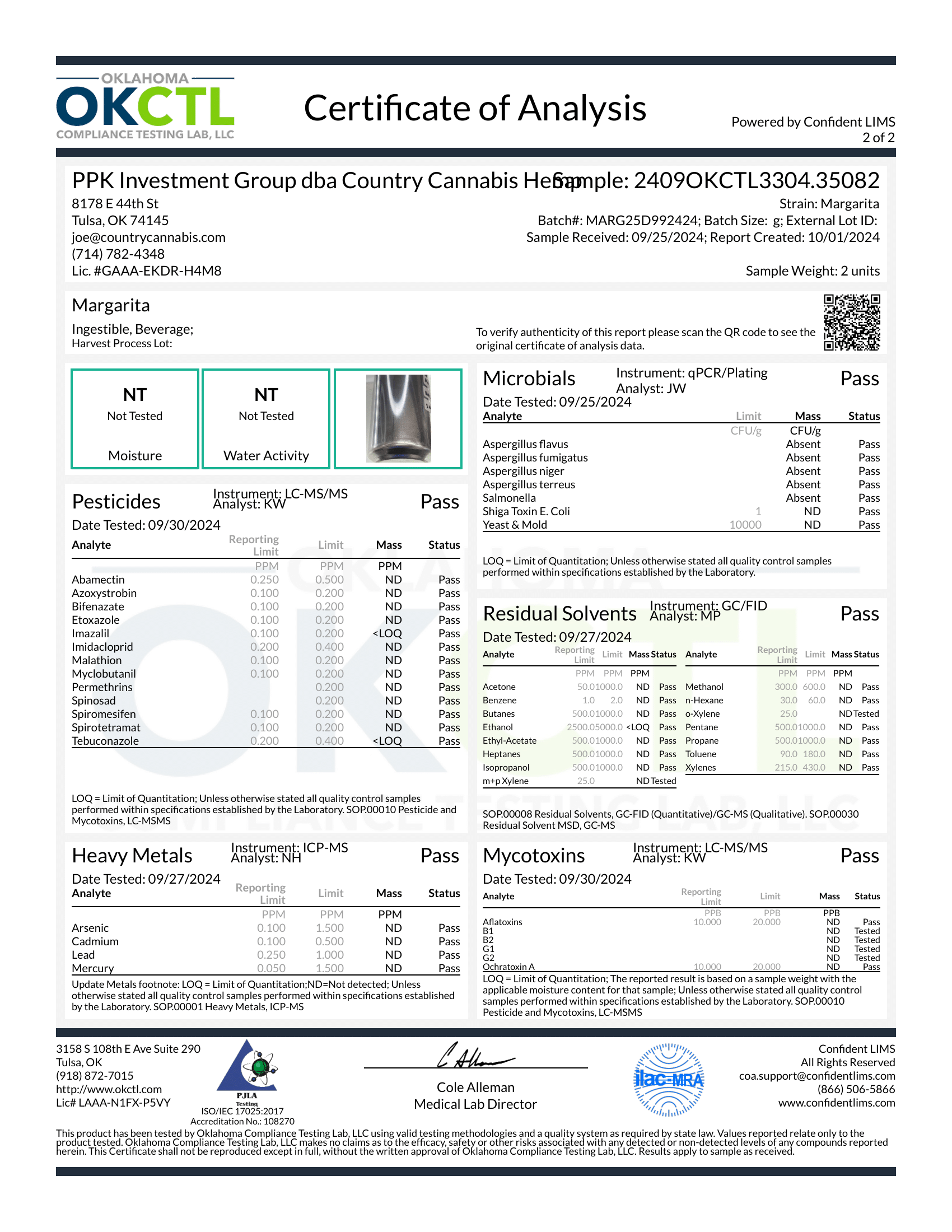 D9 Margarita OKCTL Certificate of Analysis 1