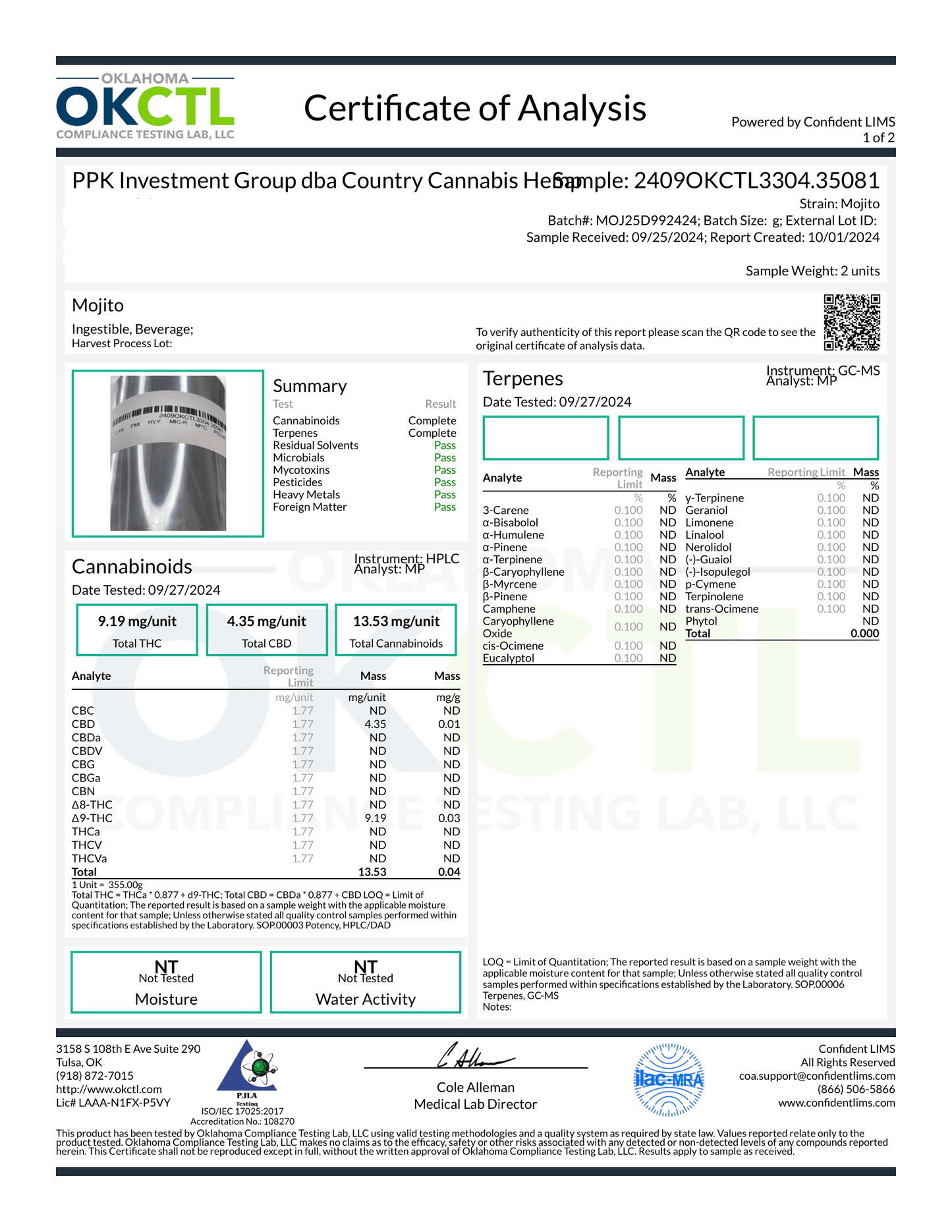 D9 Mojito OKCTL Certificate of Analysis