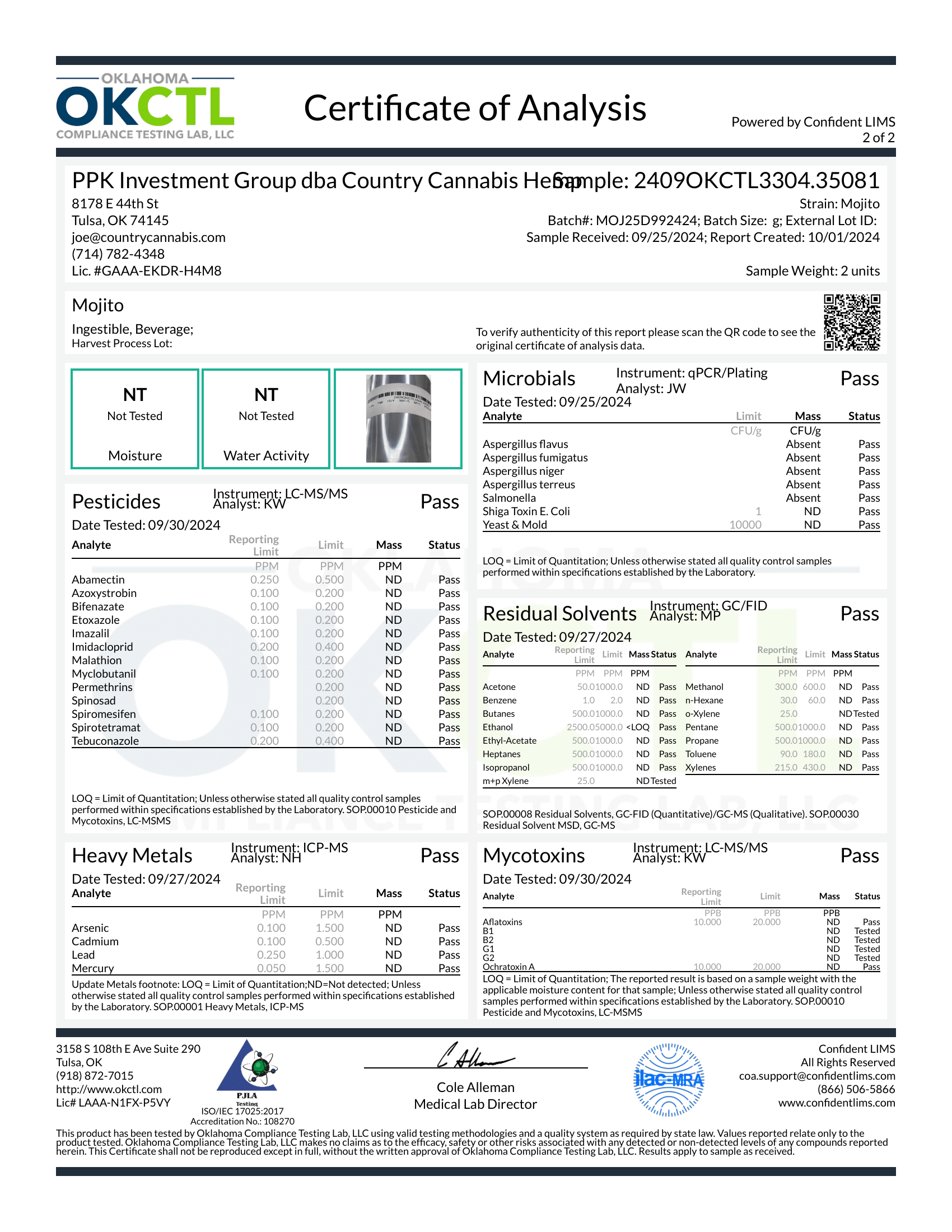 D9 Mojito OKCTL Certificate of Analysis 1