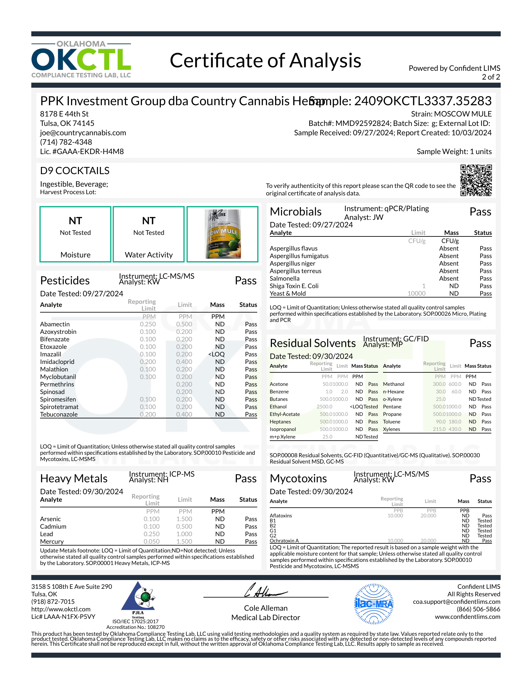 D9 Moscow Mule OKCTL Certificate of Analysis